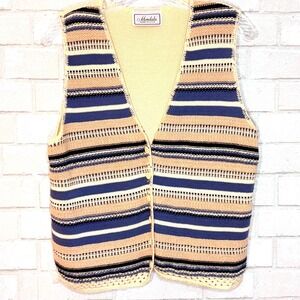 Vtg Mondala Sweater Vest Womens Medium Striped Coastal Preppy USA Cottage Granny